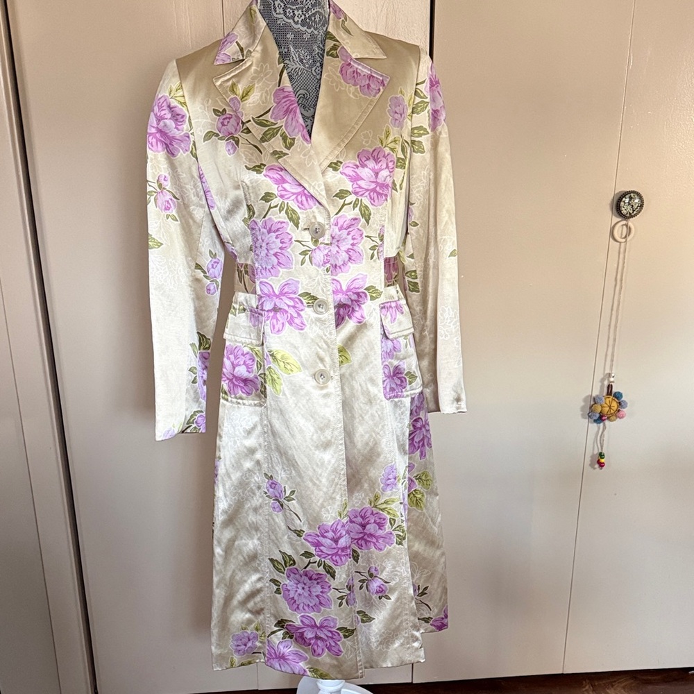 Banana Republic Light Yellow Satin Floral Long Coat with Lavender Flowers